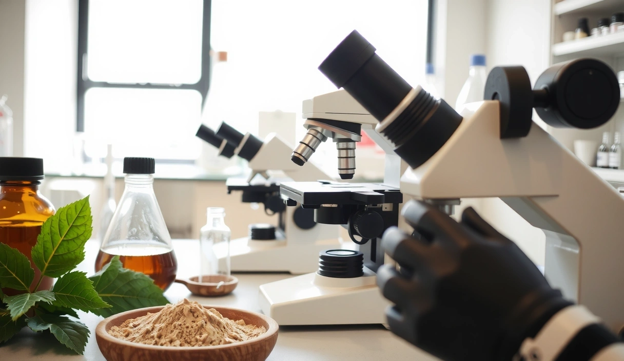 Close-up of laboratory equipment with natural ingredients, symbolizing quality control and scientific rigor.