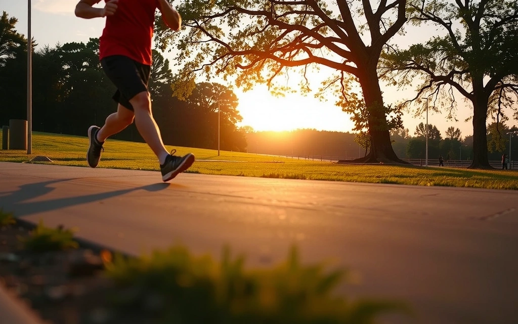 A person jogging in a park at sunset, symbolizing active lifestyle and fitness.