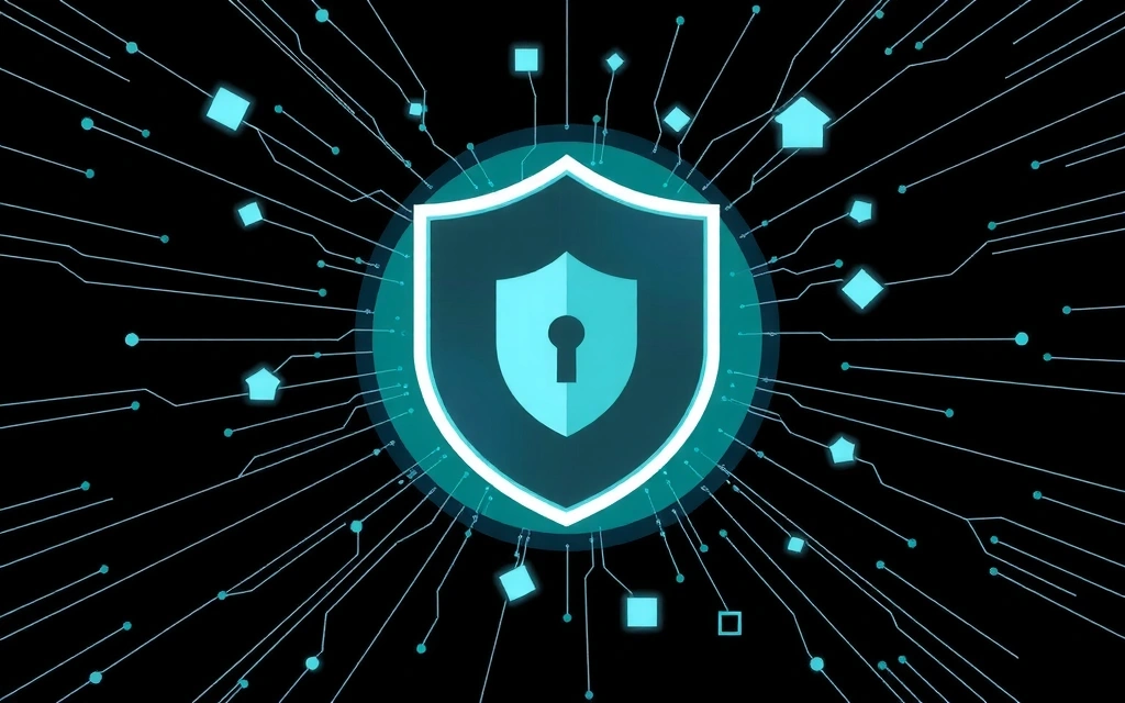 Cyber security concept with a shield icon protecting digital data